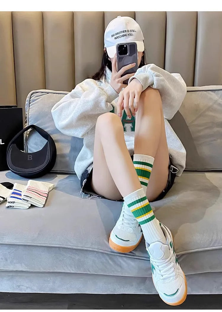 Comfortable Cotton Striped Athletic Socks For Women